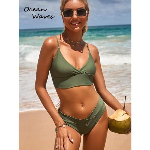 2021 New Sexy Solid Womens Swimsuit Female Bikini Set Push Up Swimwear Brazilian Biquini Cross High Waist Green Bathing Suit