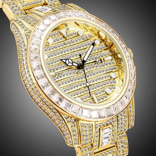 MISSFOX Full Diamond Man Wristwatch Platinum Gentlemans Watches Stainless Steel Luxurious Business Gold Watches Man Droshipping
