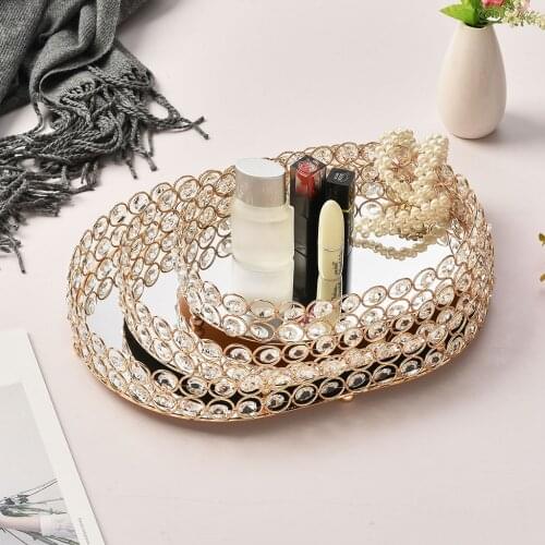 Crystal Oval Mirrored Tray Cosmetic Vanity Tray Jewelry Storage Decorative Tray