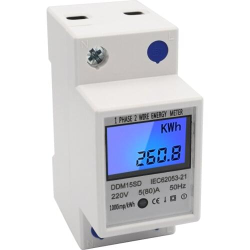 DDM15SD Power Meter Single Phase DIN-Rail Energy Meter 5-80A Watt Meter 220V 50Hz Electronic KWh Digital SWR Wattmeter