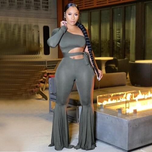 BKLD Jumpsuit Romper Women Solid Color Flare Pants Sexy Bandage Hollow Out One Shoulder Long Sleeve Autumn Winter Jumpsuit Women