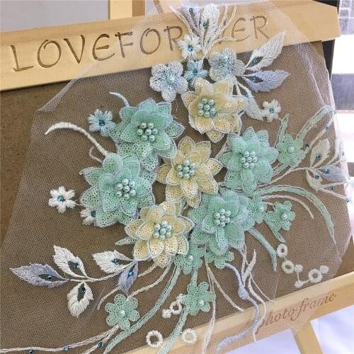 1pcs beautiful pearl beads sequins lace applique with 3d flower embroidery mesh sewing trim for evening dress, garment, hat