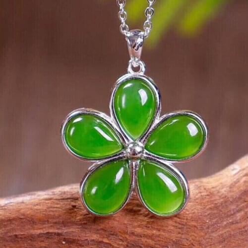 925 Sterling Silver Jasper Green HeTian Jade Beads Inlay Flower Design Lucky Blessing Pendant + Chain Necklace Fine Jewelry Gift