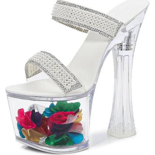Mclubgirl 2020 Transparent Super High Heel Thick Heel Summer Female Waterproof Platform Pearl Sexy Fairy Slippers LFD