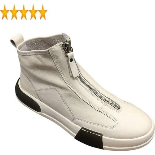 High Autumn Hip Hop Flat Top Sneakers Mens Zipper Genuine Leather 2021 New Casual Ankle Boots Black White Fashion Shoes