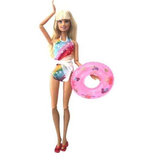 NK 2020 Newest 1 Set Doll Rainbow One-piece Tights + Slippers + Swimming Buoy Lifebuoy For Barbie Doll Best Girl Gift 076A 7X