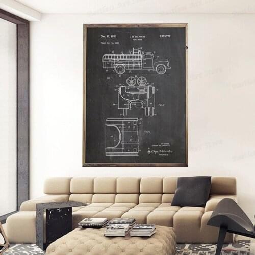 Fireman Truck Patent Fire Fighter Tool Art Canvas Painting Picture Vintage Blueprint Poster Print Firefighter Drawing Home Decor