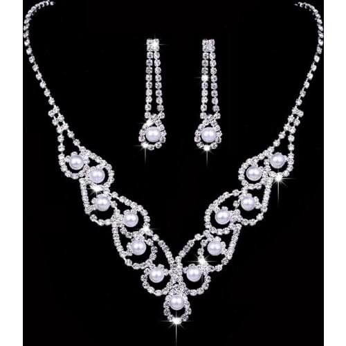 Luxury Female White Pearl Jewelry Set Charm Silver Color Wedding Dangle Earrings For Women Classic Round Crystal Chain Necklace