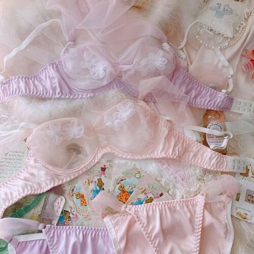 Japanese sweet princess chiffon lace white bra & brief sets lolita bow ruffles trim solid color sexy cute girl bra panties set