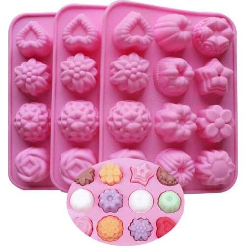 Silicone Fondant Cake Mold 12-Cavity Flower Soap Mold Non-Stick Muffin Pans Ice Cube Trays Chocolate Jelly Candy Baking Mould