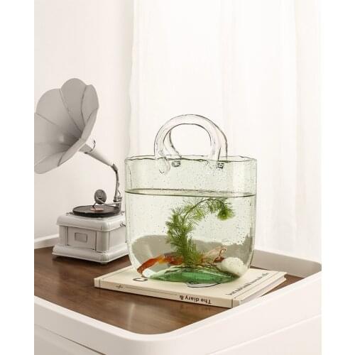 Simple Modern Style Bubble Glass Vase Basket Bag Ins Nordic Carry Bag Flower Basket Set Handbag Shape Flower Vase for Wedding