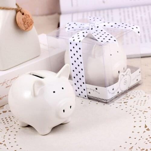 Pig Storage Tanks 80pcs/lot Ceramic Piggy Bank in Gift Box with Polka-Dot Bow wedding favors and gifts, baby shower giveaways