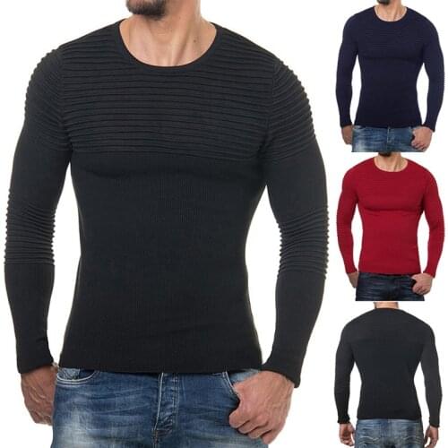 Sweater Men 2018 New Casual Mens Pullover Solid Color Round Collar Striped Pleated High Quality Knit Brand Mens Sweater