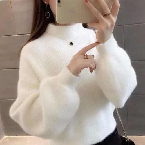 Sweater women 2021 new item autumn and winter lantern sleeve loose outer wear half high neck bottoming shirt women