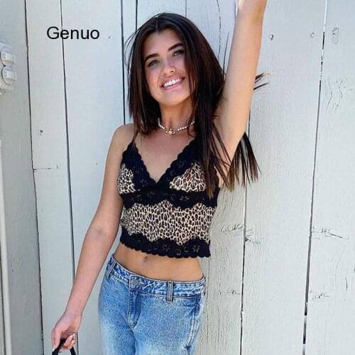 Lace Edge Cute Kawaii Clothes Sweety Girls' Y2K Crop Top Female Sleeveless V Neck Slim Sexy Leopard Top 90S Clubwear