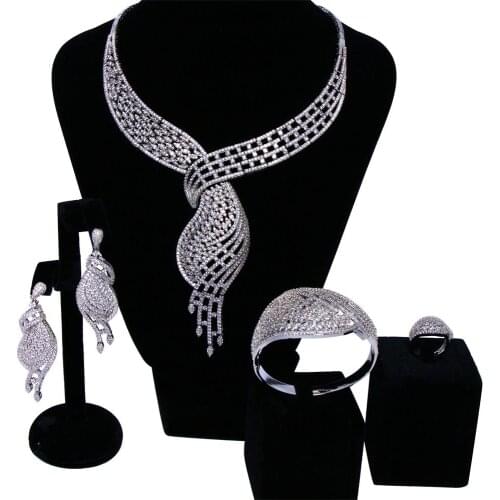 Vintage Bridal Jewelry Sets rhodium plated with Cubic zircon 4pcs sets ( necklace + bracelet + earrings + ring) free shipment