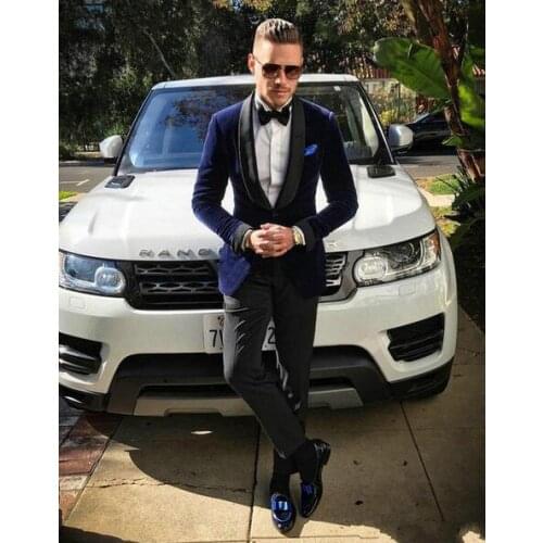 High Quality One Button Navy Blue Velvet Groom Tuxedos Shawl Lapel Groomsmen Mens Suits Blazers (Jacket+Pants+Tie) W:700