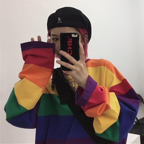 Gravity Rainbow Striped Women T-Shirts Harajuku Fashion Female Tops Long Sleeves Oversize Woman Shirt O-Neck Casual T-Shirts