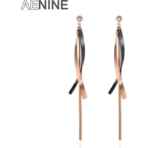 AENINE Trendy Titanium Steel Bending Geometric Tassel Earrings Jewelry CZ Crystal Rose Gold Stud Earrings For Women AE18028
