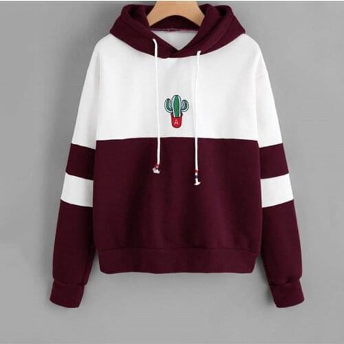 Ladies Casual Sporty Pullovers Sweatshirt Drawstring Color Block Cactus Embroidered Hoodie Spring Autumn Long Sleeve