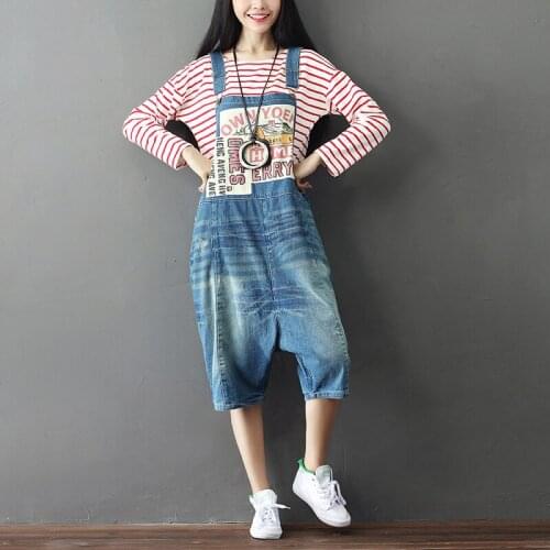 Washed patchwork summer short women jumpsuit hole vintage washed romper plus size loose harem pants adjustable overalls new tide