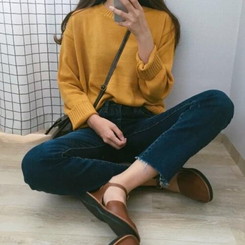Korean Ulzzang Solid Color Sweaters Women Autumn Winter Vintage O Neck Drop Shoulder Loose Knitting Student Sweet Loose Sweater