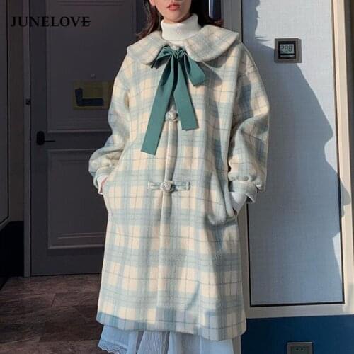 JuneLove Plaid Women Bow Single Breasted Japanese Woolen Coats Chic Trendy Kawaii Harajuku Jackets Students Female Clothing