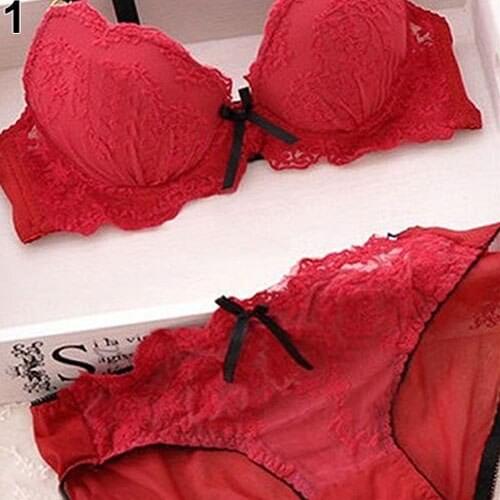 Women Sexy Lace Flower Embroider Bow Decor Push Up Bra Set Knickers Lingerie Underwear Wholesale