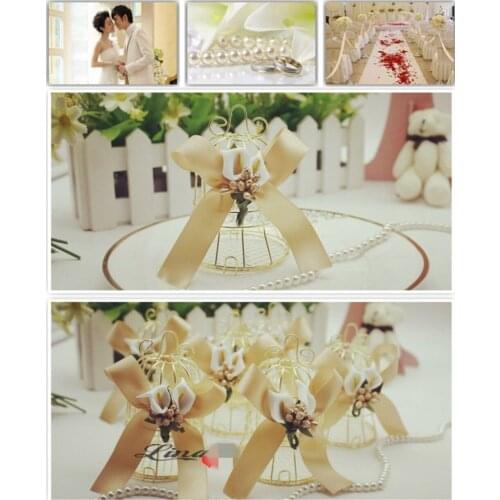 Gold Iron bell Birdcage candy Boxes with Artificial lily Flower Wedding Favours Mariage Party Decoration Baby Shower Favors Gift
