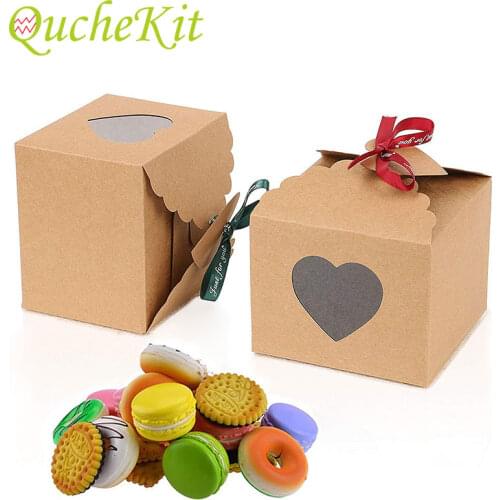 10pcs Square White Brown Kraft Paper Boxes With Heart Shape PVC Window for Candy Cake Cookie Jewelry Gift Packaging Box Wedding