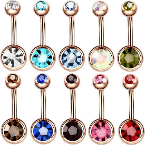 10pcs/lot Rose Gold Black 14G double CZ Crystal gem belly ring press fit Navel body piercing jewelry mixed color