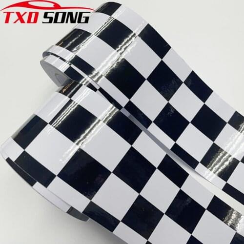 15cm Width Gloss Black White Checkered Racing Flag Sticker Vinyl Self Adhesive Car Wrap Foil Sheet With Air Bubble Free Release