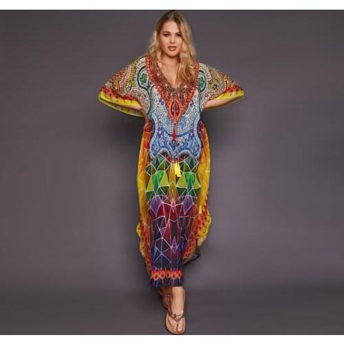 2021 Quick-drying Bohemian Printed Tassel Summer Beach Maxi Dress Cotton Tunic Women Plus Size Beachwear SwimSuit Cover Up Q999