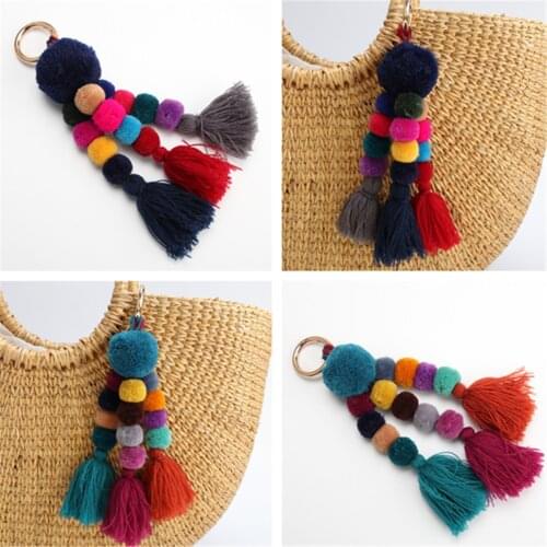 Tassel Pom Pom Charm Keychain Colorful Wood Beads Hair Ball Bag Pendant Decor