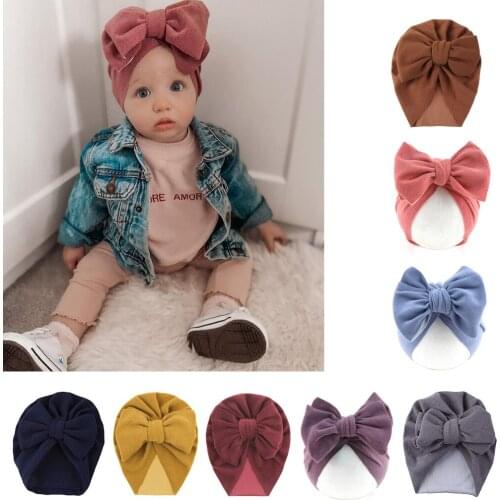 Baby Big Bowknot India Hat Headwrap Solid Color Beanie Cap Cute Bow Cotton Elastic Turban Headband for Newborn Infant Girls Boys