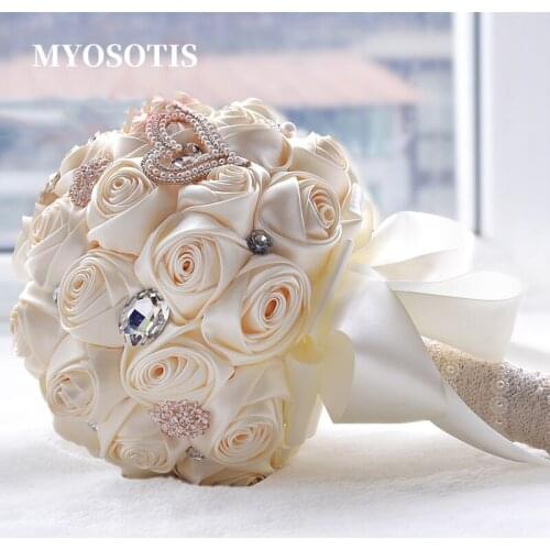 European Royal Fleur Satin Roses Flower Wedding Bouquets Mariage Heart Waterdrop Crystals Rhinestone Beaded Hand Bouquet