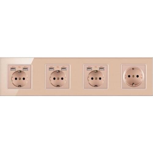 FRON 344*86mm German Standard Crystal Tempered Glass Wall Socket With Usb 5V 2100mA Enchufe Steckdose Home Sockets AC110-250V