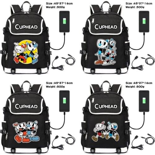 Game Cuphead Mugman Canvas Backpack Teenagers Zipper Schoolbag Boys Girls USB charging Travel Laptop Bag Cartoon Packsack