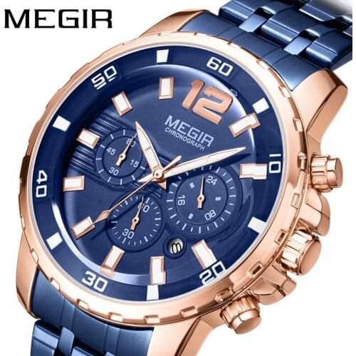 MEGIR Mens Chronograph Quartz Watches Blue Stainless Steel Analogue Wristwatch for Man 24-hour Display Waterproof Luminous