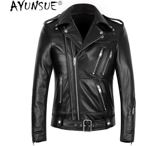 AYUNSUE Genuine Leather Jacket Men 100% Real Cow Leather Coat Biker Motorcycle Jacket Autumn Slim Mens Jackets and Coats KJ5096