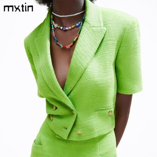 MXTIN 2021 Women Summer Vintage Double Breasted Solid Short Jacket Coat Fashion Lapel Collar Short Sleeve Outerwear Casual Tops
