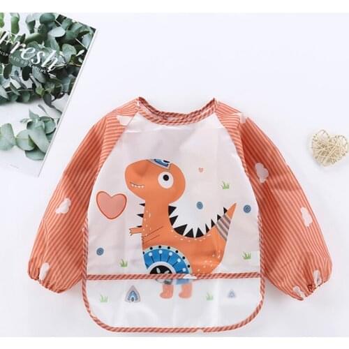 1 Pc New Baby Kids Toddler Long Sleeve Waterproof Animal cartoon Feeding Bib Apron Pocket