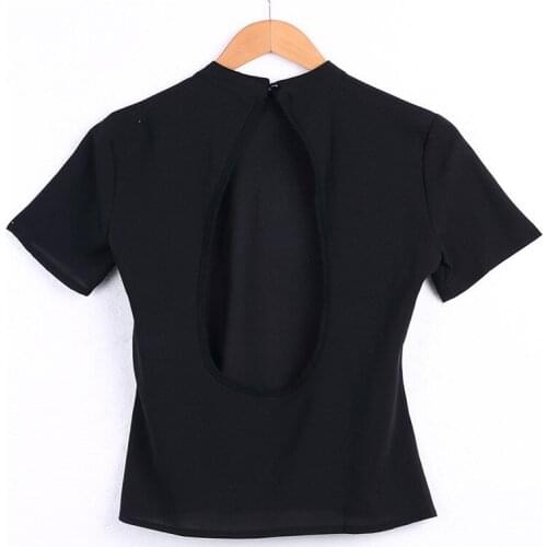 New Fashion Women Summer Tops Backless Loose Tee Short Sleeve T Shirt Casual Tops Stylish Womens Pure Black Back Split Tees Tops