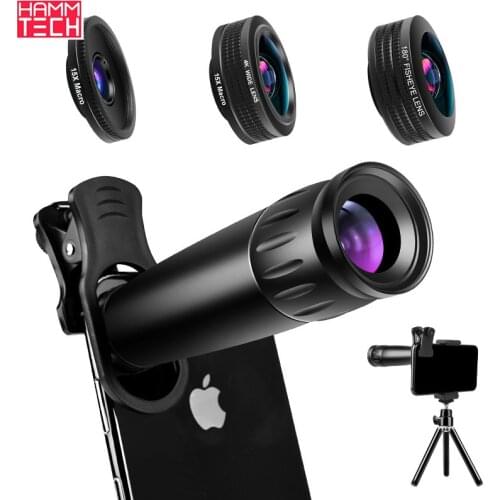 Mobile Telephoto 22x Macro 15x Wide-angle 120° Fisheye 180° Lens Set with Phone Tripod Universal