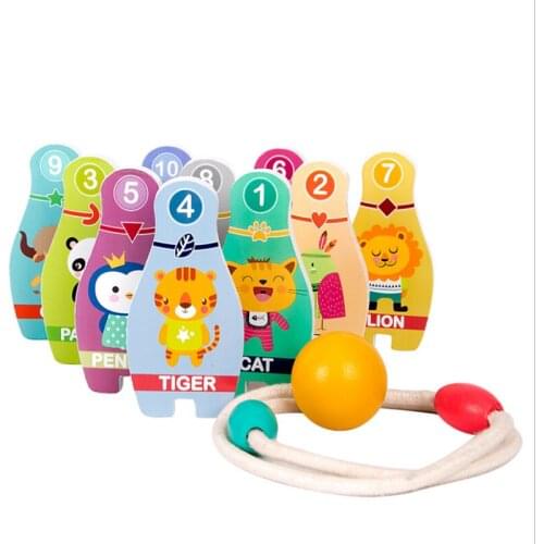 Animal Puzzles Kids Game Gift Numeral Cognitive Wooden Domino Bowling Toy