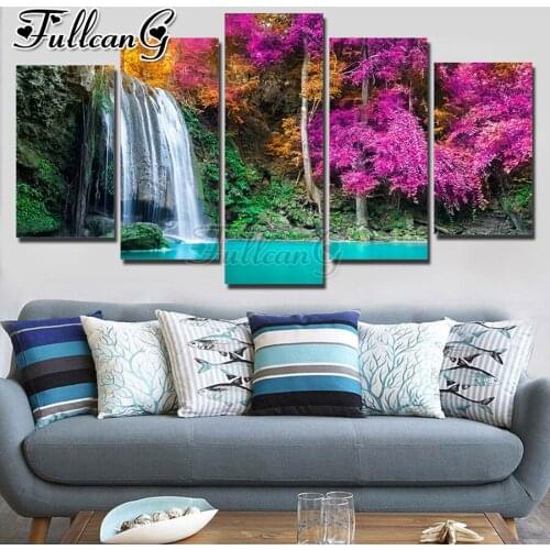 FULLCANG Spring landscape waterfall 5 piece diy diamond painting large full square round mosaic embroidery multi-picture FC2326
