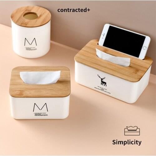 Plastic Tissue Box Wood Bamboo Cover Storage Box White Car Tissue Holder for Kitchen Bathroom Toilet Desktop Napkin Container