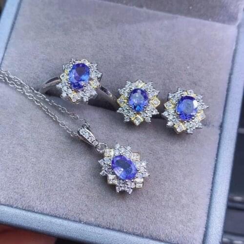 The Best Gift for Your loved wife Tanzanite Jewelry set 925 sterling silver 1pc Ring,1pc Pendant,2pcs Earring