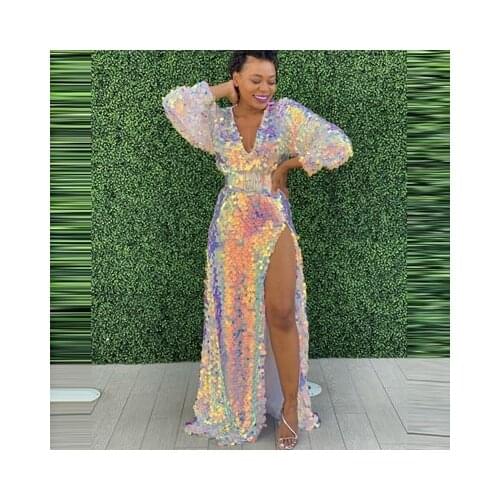 Sexy High Slit Laser Sequins Long Dresses For Women Party Night Custom Made V Neck Full Sleeves Prom Dress Vestidos Female Gown