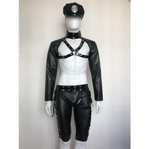 Hot Erotic Men Sexy Fancy Cops PU Leather Halloween Costume Police UniformsCostumes Sexy Police Officer Cosplay Costume